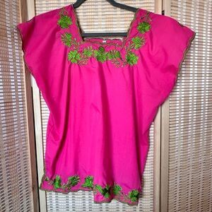 Embroidered Bright Pink Mexican Women's Top with Green Floral Accents